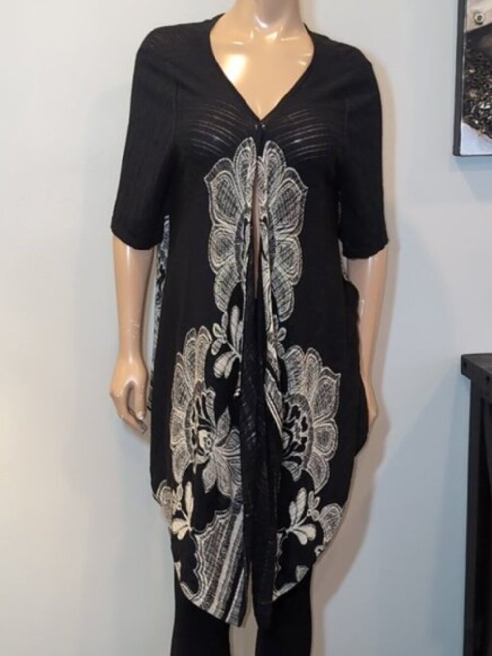 Vintage Chicos Damask Modal Cardigan Open Flyaway Front Short Sleeve Ribbed Knit